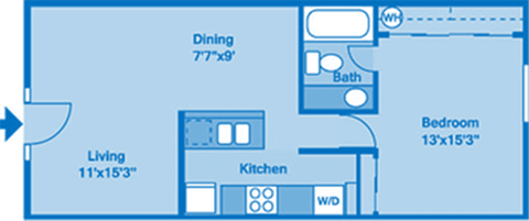 A floorplan showing one bedroom and one bath.